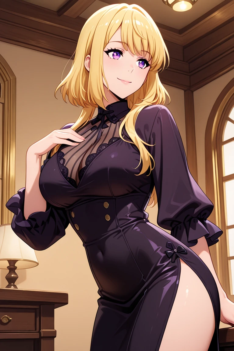 Ino yamanaka,Golden hair,Nine-headed body,With gold wire glasses,Her upper body wears a black teacher's uniform,Large of breast,The deep legs are black lace stockings,Stand on the podium,On the feet are red high heels,Temperament,Plump body,Smiling,perfect bodies,the golden ratio,Whole body diagram,The background is an empty classroom,high qulity,high detal,Ray traching