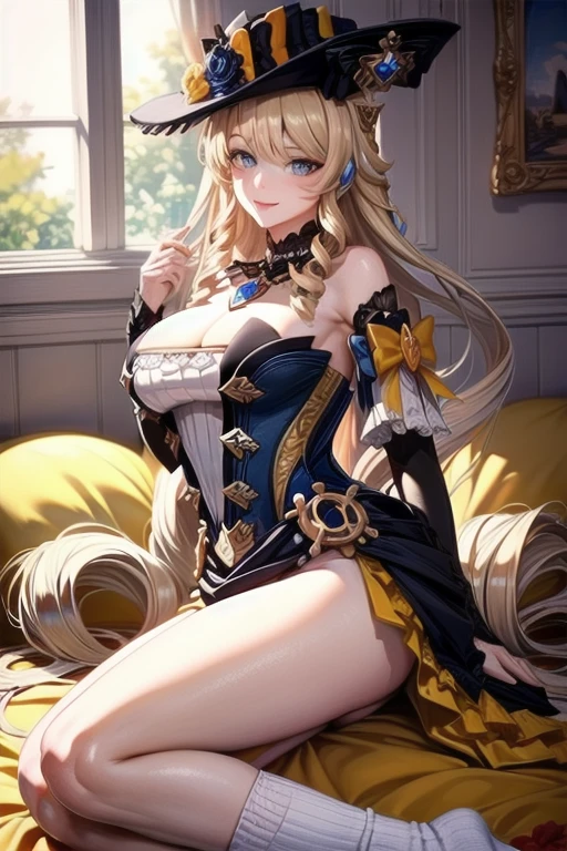 ((highest quality、High resolution、Highly detailed CG Unity 8K wallpaper))、detailed face、perfect body、unparalleled beauty、blonde、beautiful breasts、open your legs、Embarrassing erotic smile、finely decorated dress、skirt、((She shows me her panties and seduces me))