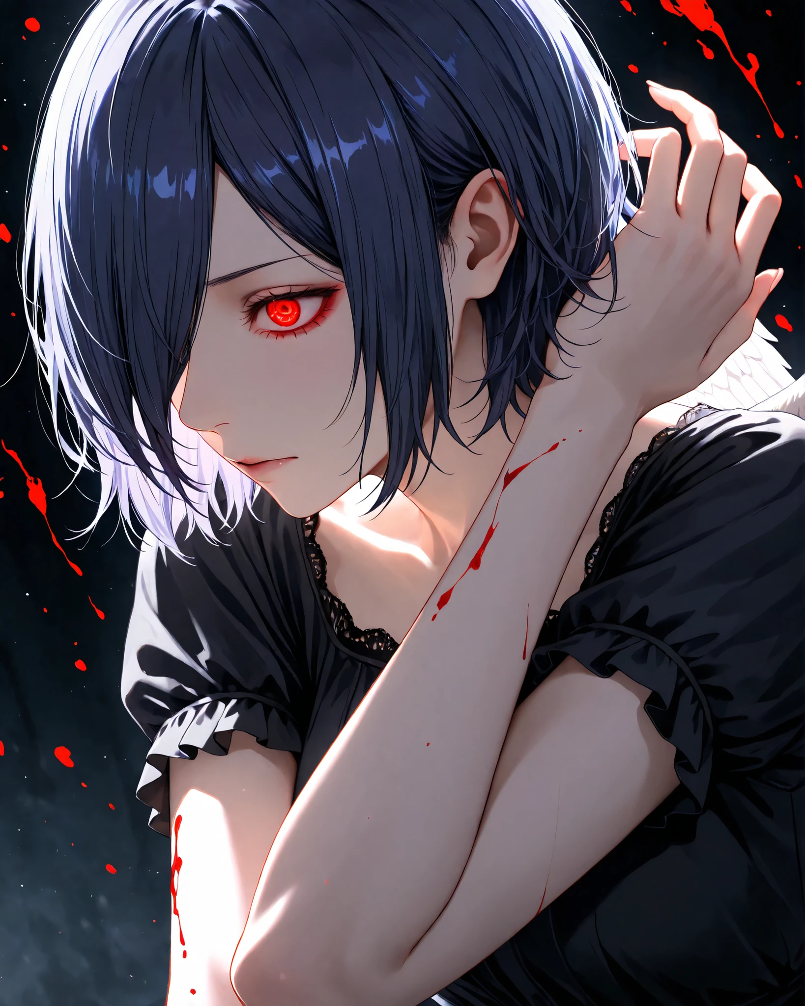 highly detailed, ultra-detailed, finely crafted features, glowing lighting, photorealistic, Moody Atmosphere, 8k, masterpiece, Kirishima touka , Tokyo ghoul , anime girl , Beautiful face , beautiful skin , blue-purple hair , Short hair , Touka Kirishima hairstyle , covering her hair on the left side of her face , Ghoul red eye , good anatomy, black dress , tired body position, Kaguni Okaku, Dark black background , ((kaguni wings with beautiful colors)) , Saturated colors , Blood , A little blood covers her
