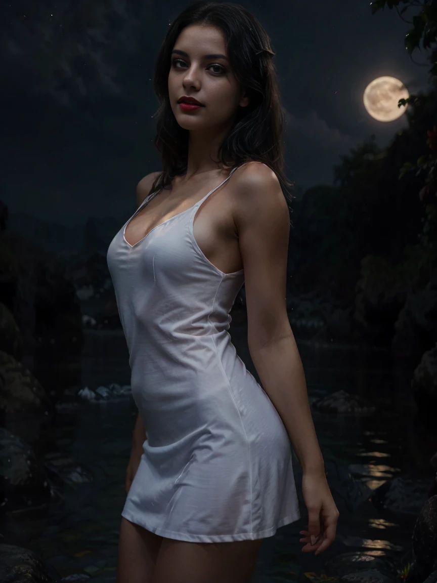 beautiful detailed red eyes, long dark eyelashes, pointed fangs, flowing black hair, elegant posture, pale skin, red lips, traditional Arabic dress, mysterious aura, ((moonlit night:1.3)), shadows, delicate jewelry, ancient ruins, intense gaze, hypnotic smile, vampire powers, supernatural strength, centuries-old wisdom, captivating beauty, hauntingly enchanting, alluring darkness, (blood-red moonlight:1.1), eternal youth, seductive charm, hidden secrets. (best quality, ultra-detailed, photorealistic:1.37), gothic, fantasy, dark color palette, dramatic lighting. (NSFW:1.4) beautiful small breasts, (Emma watson:0.3),(Jennifer connelly:0.24), (beautiful nipples:1.5),(She has white skin with visible blue veins:1.4),(Small breasts with beautifully raised pink areolas:1.5),(flat chest:1.2) (beautiful teenage nipples:1.5)