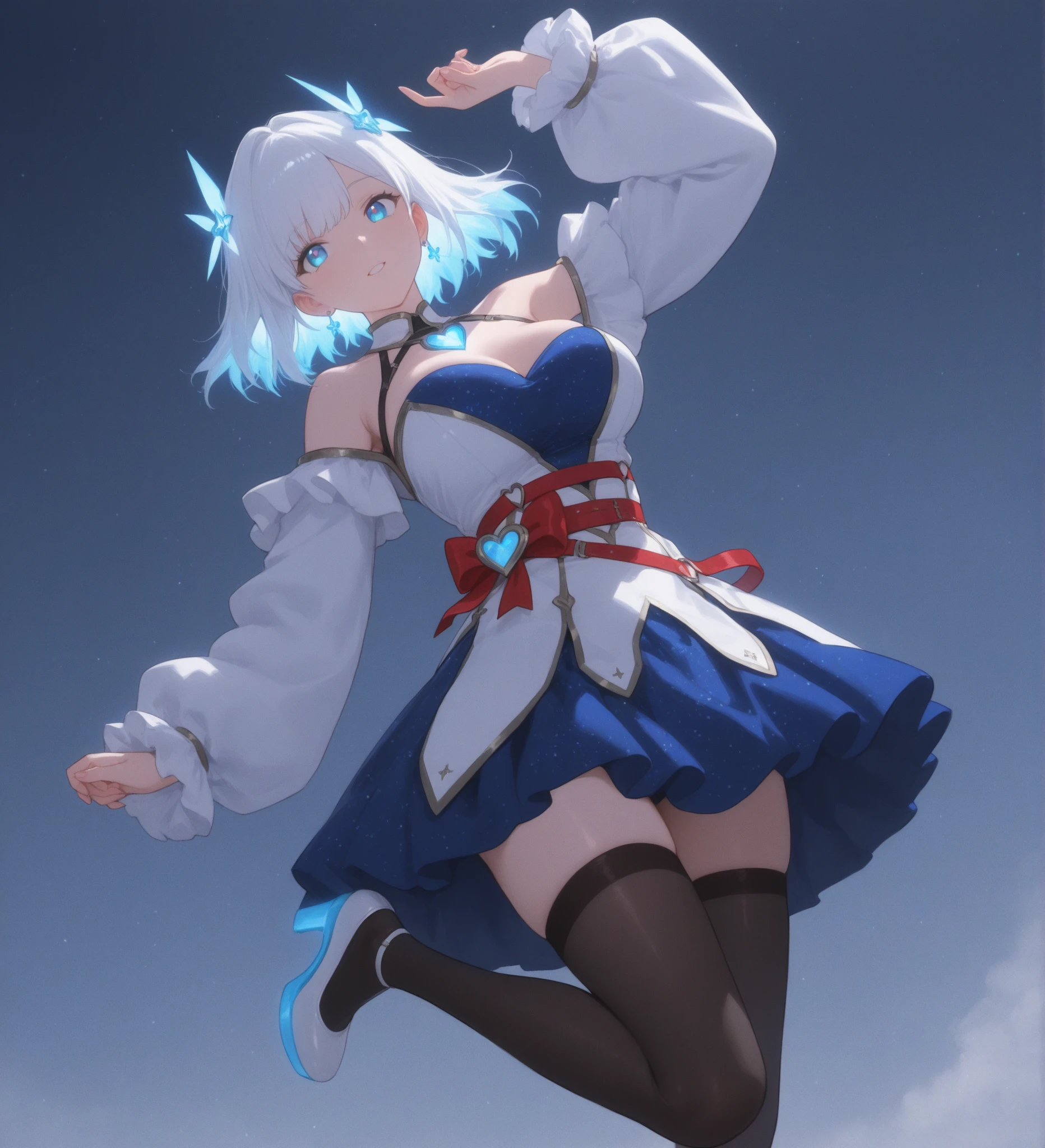 1 woman,(High resolution images),(Sunlight4K),I have white hair.,cute,Smiling, turning towards the camera,Beautiful blue eyes sparkling,Put on white stockings,medium length hair,Wear a red bow on the white side of your hair.,teenager,Big tits,Wear a white crop top dress.,black short skirt