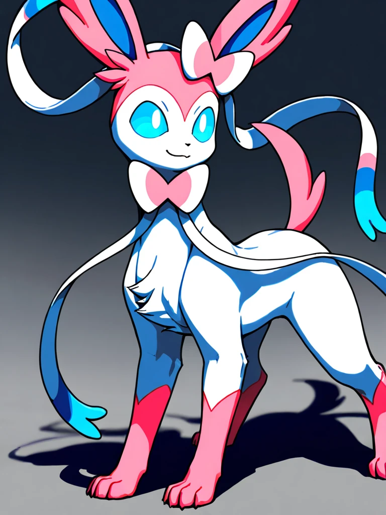 Create an image of a DNA fusion of adult Serena (Pokémon trainer) and Sylveon (Pokémon). Serena must keep her human face and hair clearly distinguishable. The skin can be flesh-colored or adopt the Sylveon color palette. The body must be bipedal animal without clothes, where the pink and white fur and other characteristic elements of Sylveon act as natural clothing. Add Sylveon features, such as ribbons, pointed ears, and tail, harmoniously integrated with Serena's human figure.
