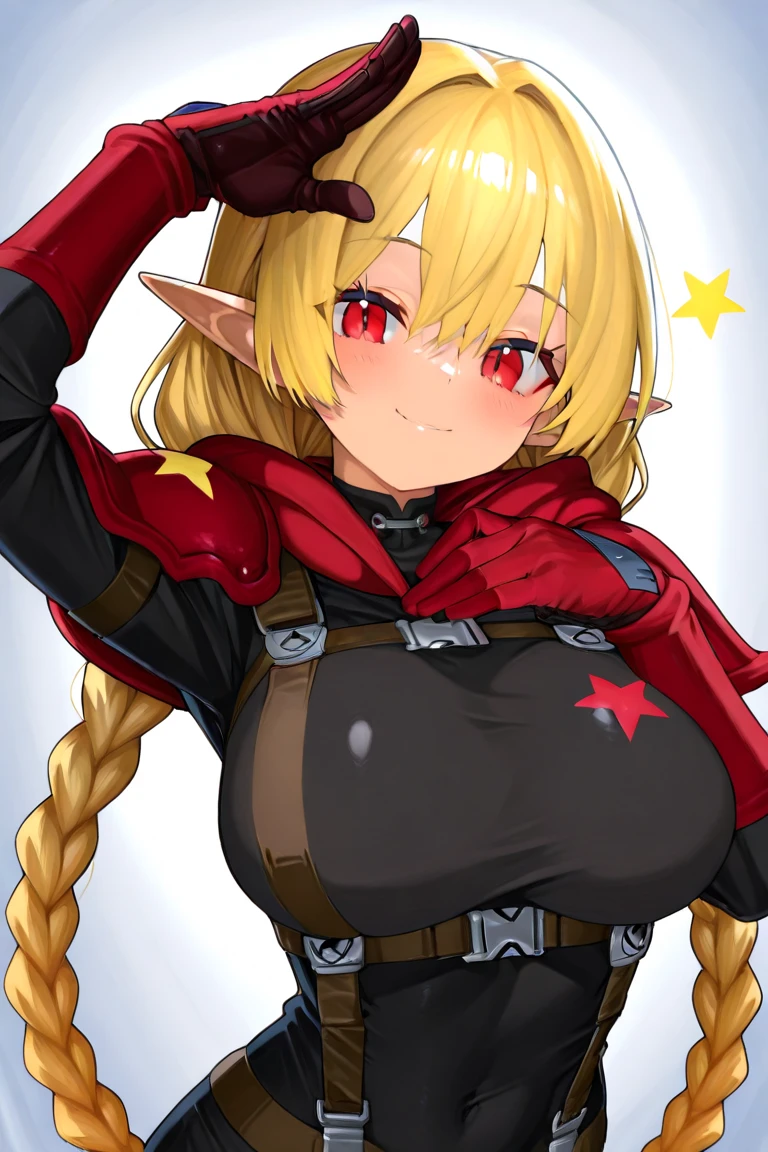 (tanned elf girl:1.2), (red armor knight), (collar) (belts), (huge tits)
