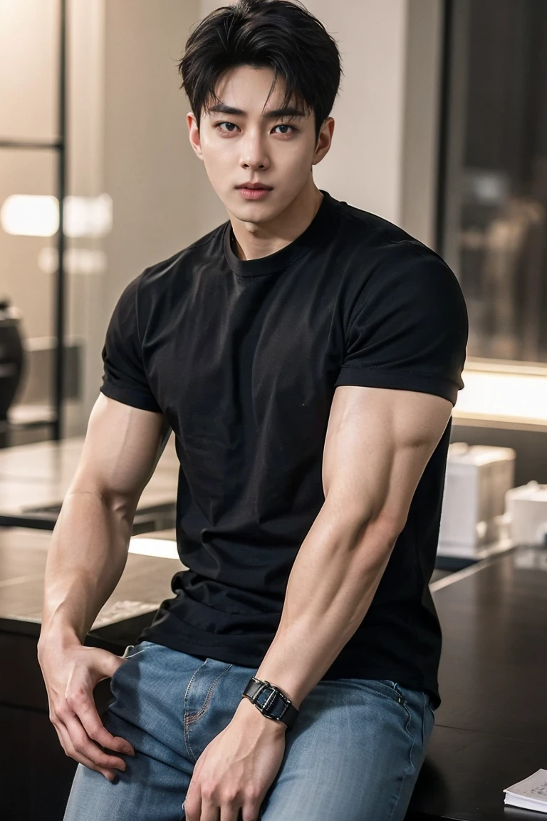 solo , 1man , thai man Sitting , blue shirt , black jeans , happy face , sit