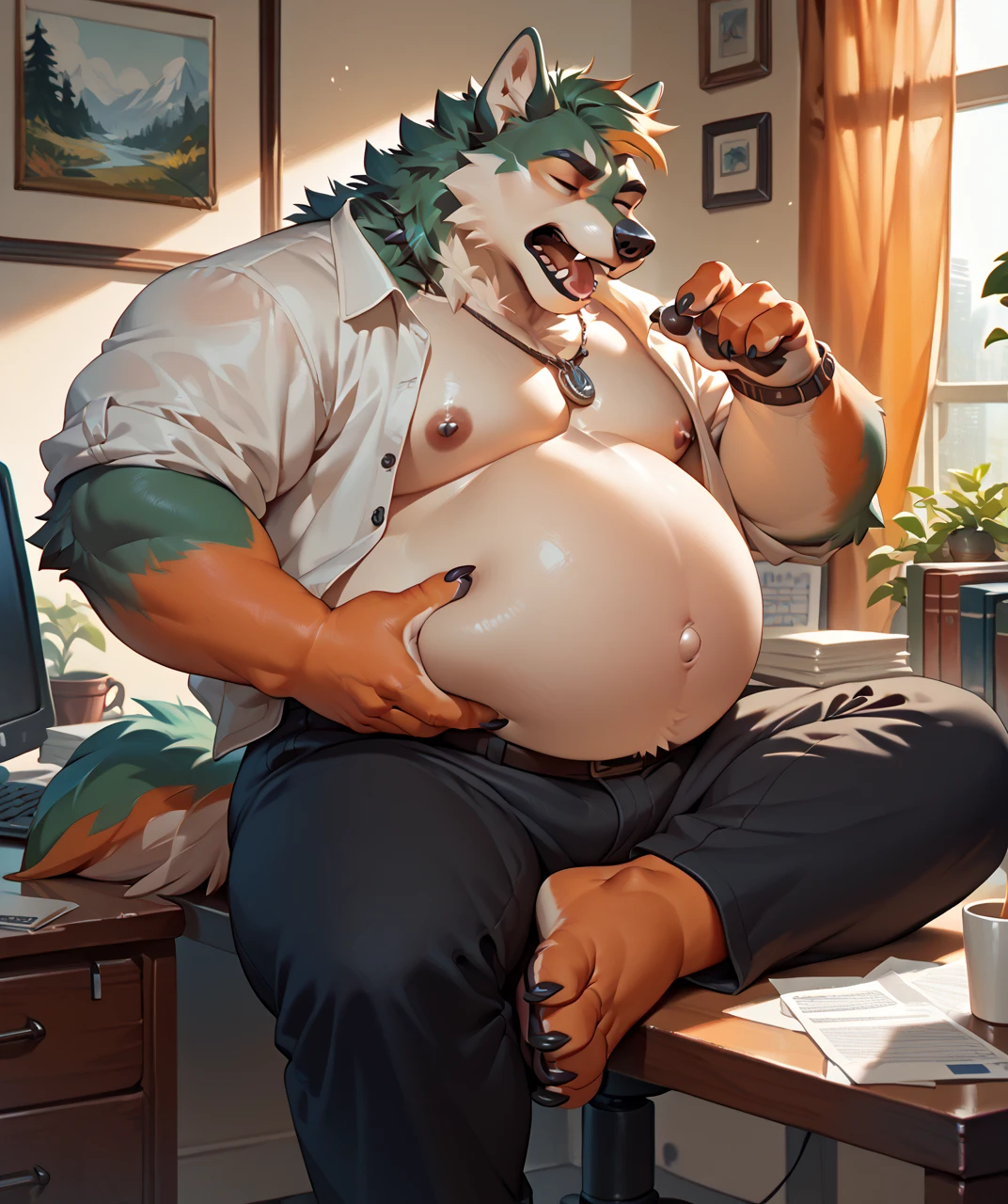 Solo, male, sitting on bed, by bigcozyorca, by goonie-san, by bebebebebe, by spikedmauler, facing viewer, red, black fur, tyrannosaurus, bushy tail, buff, underwaer, callor, bedroom background, open mouth, detailed mouth, closed mouth grin, drooling, smirking, eductive smile, lustful grin, bulge, bulging, hard bulge, adjusting hard bulge, adjusting bulge, adjusting crotch, cock with knot on it, cum, cumming, big dig cock, Wearing collar, callor on neck, unzipping pants to show off cock, penis, teasing cock, masterbating cock with knot, knot cum, hearts 💕