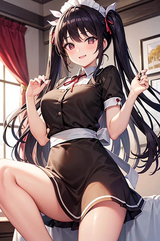 18 yeas old, girl, black hair, long hair, slim, big tits, narrow red eyes, cute, cat ears, (embarrassed, blush:1.3), smiling, sailor uniform, , See-through, ribbon, fishnet, garter belt, frills, Kneesocks, high heels, blue rose, headdress, frontal, spread legs, cat tale, classroom,