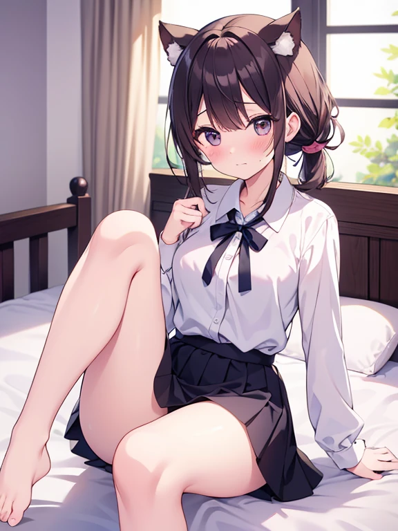 finest, masterpiece, High resolution, (Full body view from head to toe), Composition from slightly below the front, Symmetrical, 18 years old, slim and beautiful girl, alone, (small breasts), (not wearing shoes),Unkempt brown hair, bangs, (black tights), (black pantyhose), tied up with both arms hidden behind the back, , blush, shy big eyes, looking at camera, blazer uniform, plaid pleated skirt、Panties around ankles、Black knee-high socks、Spread your legs、Exposing the breasts、Bare your breasts