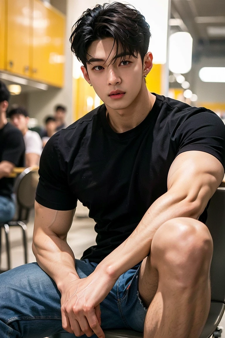 young man, 22 years old, Good looking, Looks like a Korean actor, หน้าตาเหมือน K pop idol, ใบหน้าhandsome, white skin, small mouth, Slender face, very short hair, well care hair, handsome, Confident eyes, fit, Broad shoulders, have abdominal muscles, naked, naked, Sitting with legs apart, Open your legs in a V shape., Thailand bus stop as a background, bright, outdoor, likes to show off his penis, clearly shows the penis, There was one decent sized penis., Don't feel embarrassed., Was gangbanged for taking pictures, Slut, Shameless, exhibitionist, pose like prostitute, expression of ecstasy/orgasmic, cumshot, natural light, both eyes are the same, muscular, perfect eyes, nipples showed, penis exposed, Global illumination, tall, full body, tiny waist, soft light, dream light, digital painting, extremely detailed CGI, hd, 8k, 4k background