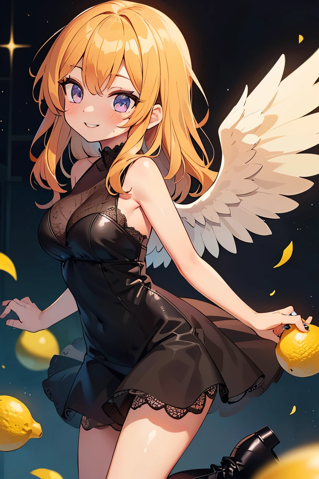 (main part, best quality: 1.2), sparkling eye highlights, curious expression, one girl, yellow long hair color. Angel ring. Sparkling eyes. Purple eyes, lemon, lemons, dancing, fun, black angel wings, fallen angel, fallen angel, black dress with black Leather and black delicate lace, pitch black dress, long black boots. Inappropriate smile, blush on cheeks.