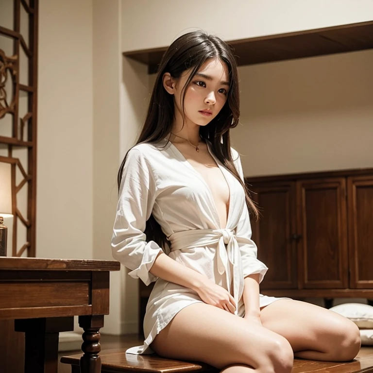 There is a woman sitting on a table with a vase, white skin, melancholy eyes, a palace, a girl in Hanfu, beautiful figure painting, white Hanfu, Hanfu, hair accessories, , looking at the viewer, red lips, skirt, hair accessories, necklaces, jewellery, long hair, barefoot