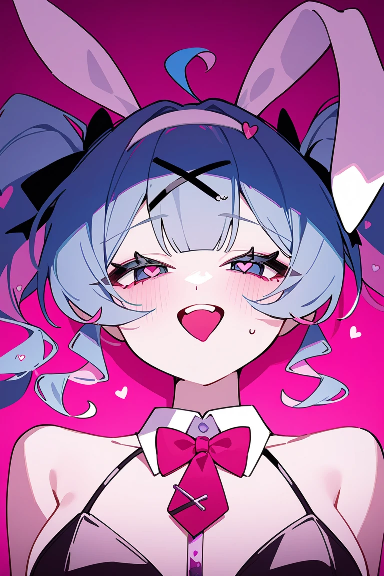 1 girl, anthro fox girl, pastel pink furry skin, pink hair, curvy figure, thick thighs, long pink ribbons on its head, pink heart pupils, skimpy pink bikini, dumb and lewd face, pink heart eyes