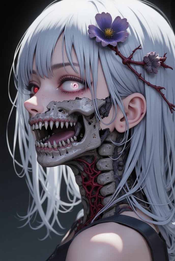 NSFW, BLACKLIGHT, realistic art, extremely delicate and beautiful, ultra-detailed, 1girl, white hair, vampire, yandere, creepy smile, (((eldritch Horror, skeleton, exposed Bone, bleeding, undead, rotting, ripped flesh, Blood, gore, creepy, scary, monster, evil, insane ))) glowing darl red eyes, floating, detailed light, illustration, dynamic angle, depth of field, ((((milf)))), Short Vampire girl, long hair, ((white hair, twin tails)), red vampire eyes, showing fangs, pale white skin, (ultra high res, best quality,), (8k, raw photo, best quality, masterpiece), technological sense, best quality, masterpiece, illustration,CG ,unity ,wallpaper, official art, Amazing, finely detail, an extremely delicate and beautiful,extremely detailed, highly detailed, sharp focus,rich background, (real person,photograph), ((high detailed skin)), creepy face, creepy smile, close-up, creepy pupils, shaded face, bags under eyes, big smile, teeth, small pupils, creepy eyes, crazy face, crazy smile, constricted pupils, black sclera, eldrich abomination girl