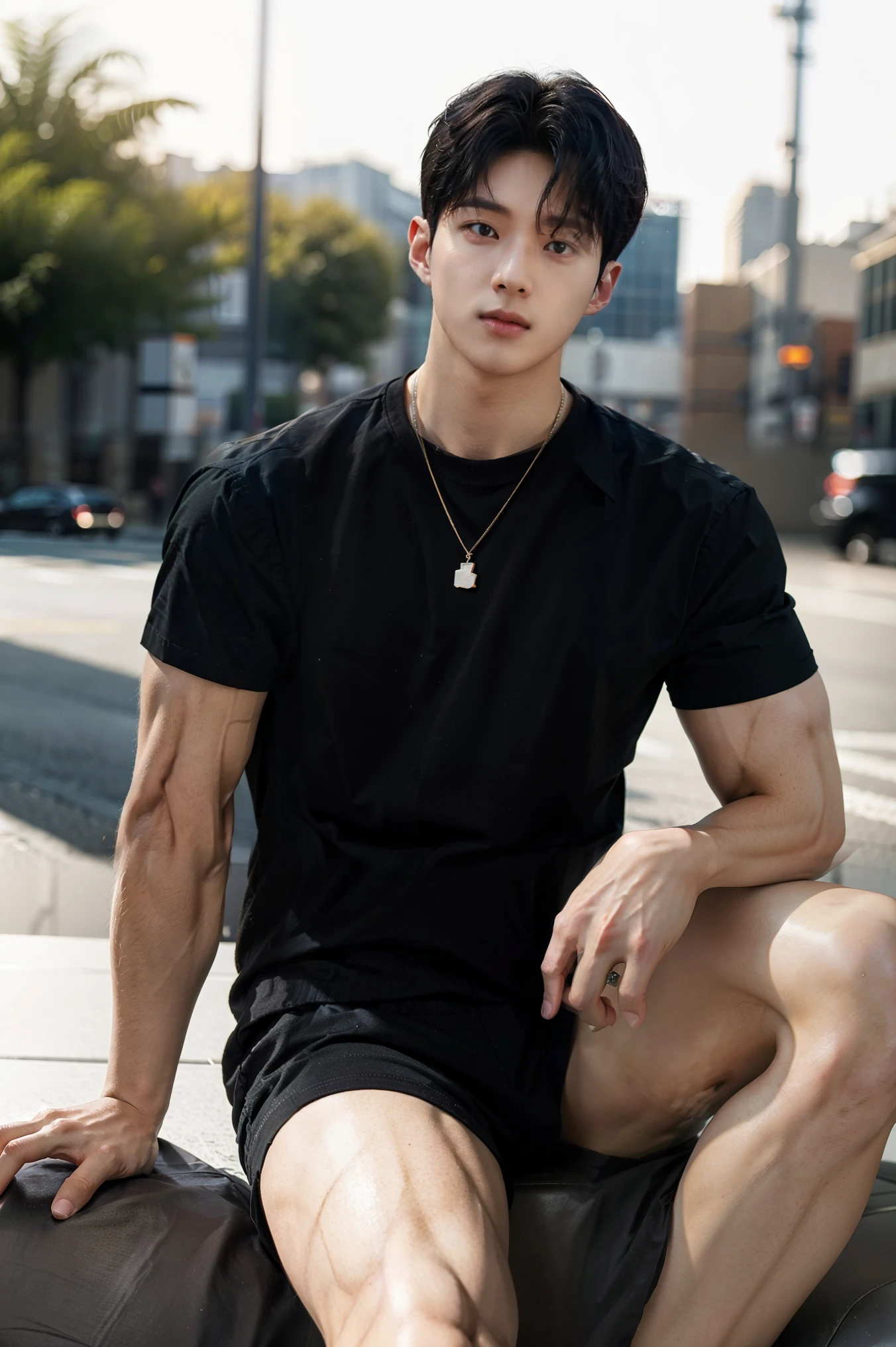 highest resolution, high resolution, 8k,male,muscular, kpop idol, handsome,black shirts, trendy hairstyle, trendy outfits, stylish outfit, thick thighs, realistic, masterpiece, Extreme Details, HDR, Ultra High Definition, extremely detailed pictures, physics-based rendering, Professional Level, bright color, Bokeh