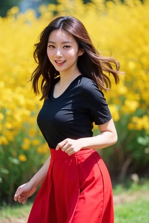 CSBin, detailed face, wearing a red top, wearing a white skirt, wearing black stockings, stading in a forest, smiling, (8k, RAW photo, best quality, masterpiece:1.2), (realistic, photo-realistic:1.37), professional lighting, photon mapping, radiosity, physically-based rendering, octane render, <lora:CSBin:1>
