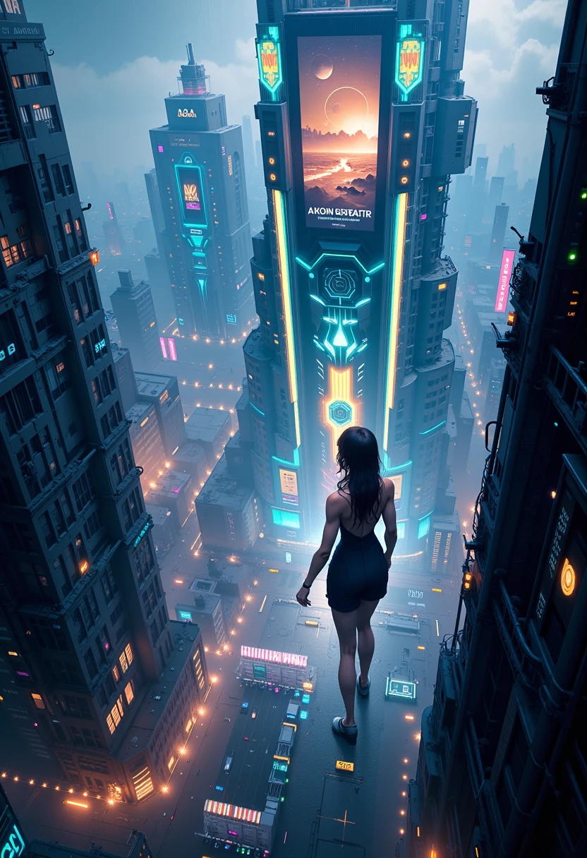 (Low angle view). A futuristic sci-fi all-glass city, tall neon buildings, 1 drone. High-resolution OLED GUI interfaces in the building, The windows are filled with transparent data visualization infographics that show it all, from weather patterns to traffic flow, Matrix cascading code. Colors are saturated and vibrant. At night, (1girl, solo), photo realistic, medium-breast:1.3 slim body, cleavage, sexy costume, miniskirt, (matrix style black sunglasses, holding a short gun), half-body thigh level medium shot, cinematic lighting, ray tracing.