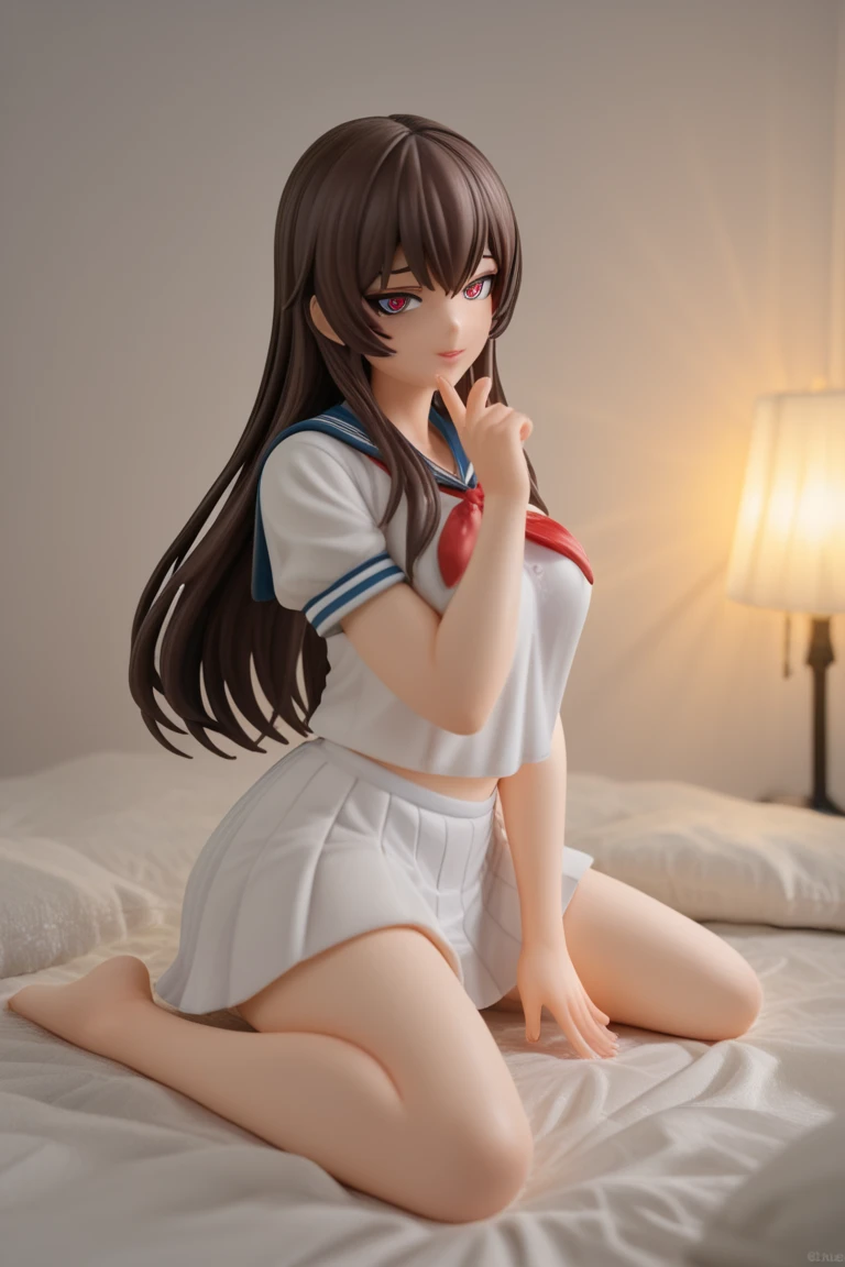 1girl, Masterpiece, Best Quality, extremly detailed, Cinematic lighting, intricate detials, hight resolution, official arts, finely detailed beautiful face and eyes, high-resolution illustration, 8K, dark intense shadows, 1girl, skinny, big breast, shoulder-length brown hair, bangs, blue eyes, white nightgown, closed clothes, (tears, blushes), night, bedroom, sitting on bed, ((half body))