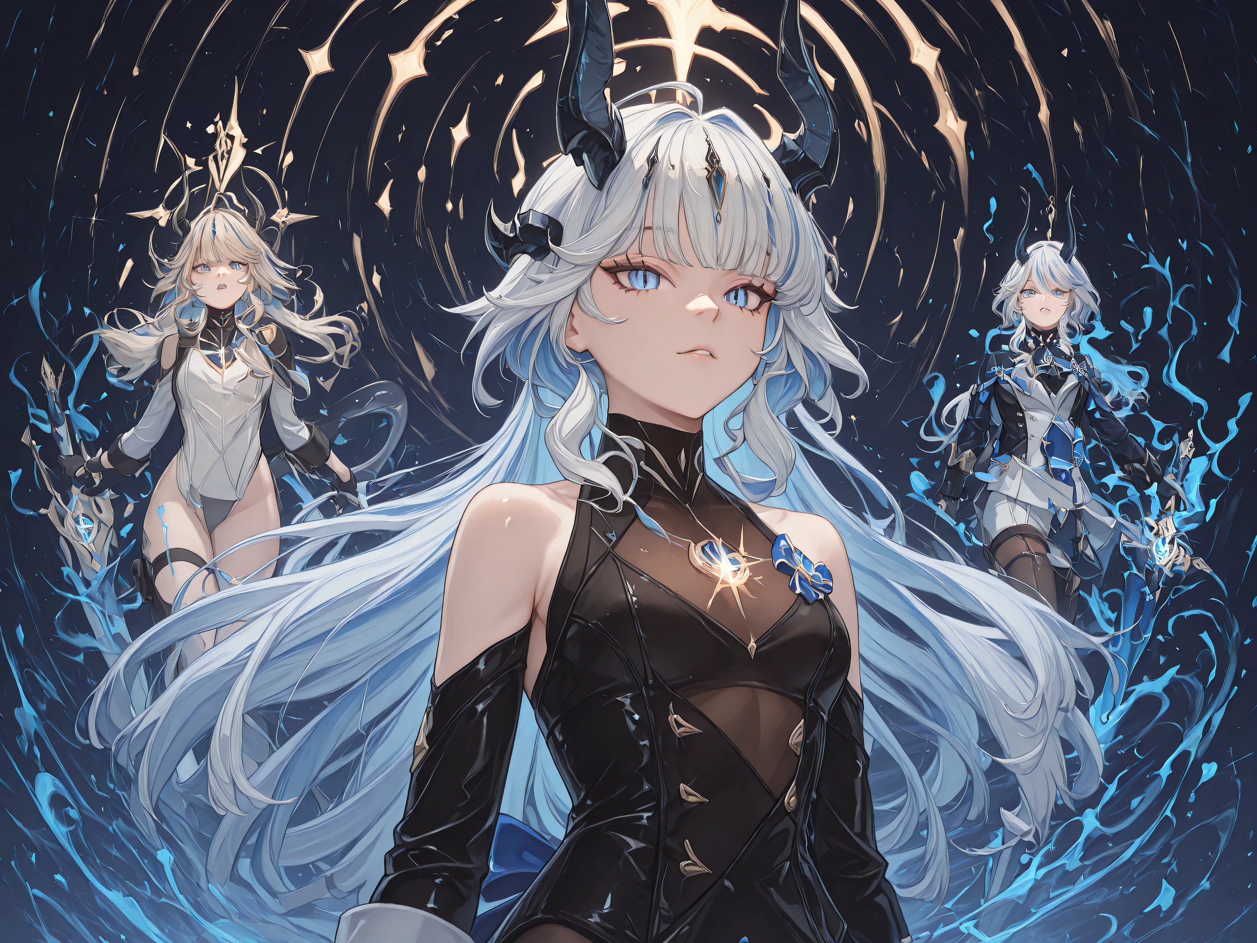 Sozinho, 1 , facing the viewer, Furina's hairstyle from "Genshin Impact", rosto de Furina de "Genshin Impact", olhos azuis, franja longa, anatomia perfeita, estudante, black horns of Reed de "arknights", Long black horns, fierce face, rosto provocante, white dragon tail, blue flame on the tip of the tail, jovem girl, corpo perfeito, jovem, sensual, perfect and beautiful face, corpo de Furina de "Genshin Impact", altura de Furina de "Genshin Impact", sem cartola, Without hat, sorrindo, sorriso provocante, sorriso feroz;
A black coat like "Reed" de "arknights", sexy black Chinese dress, exposed arms, blue arms with black spots, hands with claws, blue hands with black spots, black horns of Reed de "arknights", sem cartola, Without hat, rosto jovem, corpo jovem, Halo floating above the head like Asuma Toki's, black horns like Reed's with "Arknights", sorrindo, sorriso provocante;
facing the viewer, cara a cara, fundo preto, pose sensual, bunda grande, seios grandes;
Wielding a giant sword of Nian de arknights, golden details on the sword, giant sword drawing, Blue blade;
attack position, exposed shoulders and head, perto do rosto , looking at the character, looking at the spectator, cara a cara, sorriso provocante, confiante, cute expression;
Pay attention to the necessary colors, , maximum resolution ;
uma imagem +18, uma imagem sexy;
