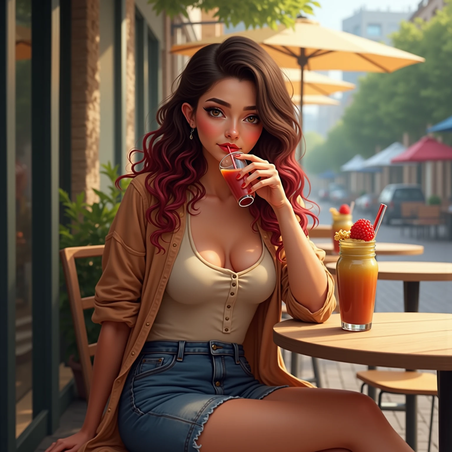 Full body beautil pale white skin latin woman, 5'7" tall, medium lush black hair, deep green eyes, wearing zip up dark blue quilted down nylon jacket with golden buttons, black bell bottom pants, rolled up sleeves, zipping up jacket, up collar, cleavage, red and black plaid formal button down blouse under jacket, happy smile, sitting on chair on shopping center, high hill sandals, summer sunny day, bag, watch and bracelet, neck chain, ear rings, crossing legs, drinking a cup of juice