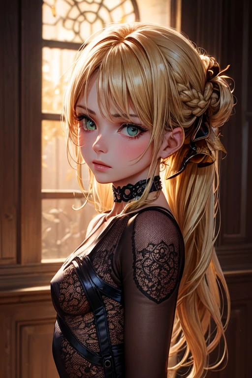 beautiful girl has green dropping eyes, blonde hair, long eyelash, twin tail, over 20, natural making up