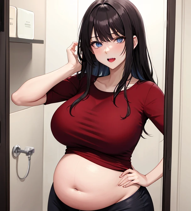Chubby japanese sexy mature woman (50 years old), long straight black hair, wearing black brassiere and blue jeans, in fitting room, smiley expression