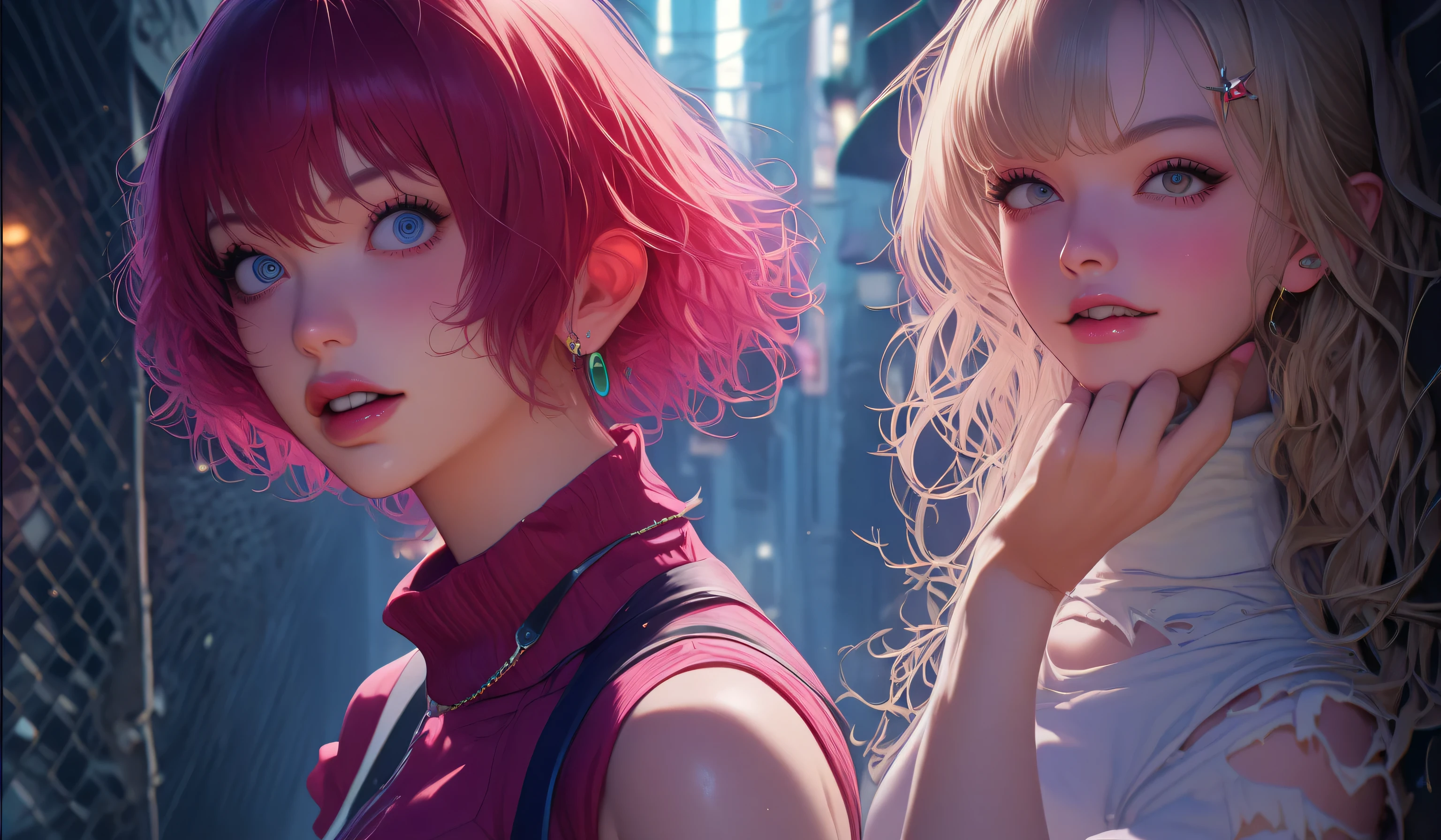 score_9, score_8_acima, score_7_acima, detalhado, 1 , Sozinho, intricate details, chromatic aberration, realista, cabelo longo, cabelo rosa, red head ornament, mechas cor-de-rosa, hair over one eye, olhos roxos, brincos, sharp eyes , gargantilha, neon shirt, torn underwear , casaco aberto, turtleneck sweater, noite,contra a parede, parede de tijolos, grafite, faint lighting, alley, looking at the spectator