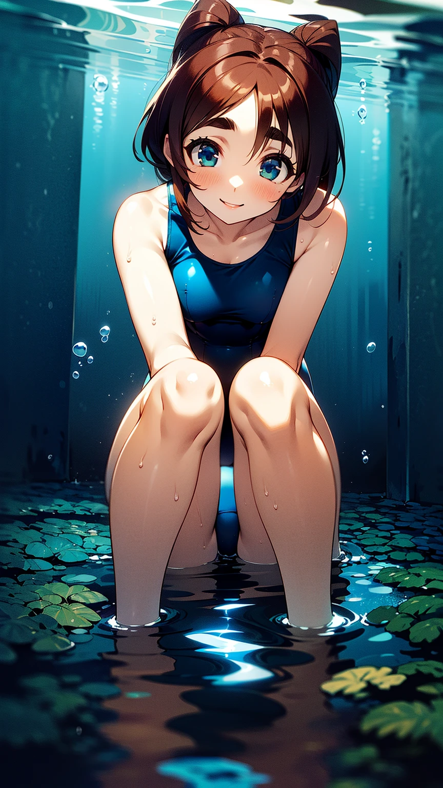 8K quality,(super masterpiece:1.3),Highest quality,Detailed Images,1 female,symmetrical beauty,20th Generation,Medium build,(smile,smile),(Black Hair,Curly Hair,High Ponytail,Big hair ribbon),(Thick eyebrows,Thick eyebrows),(Droopy eyes,blue eyes,Blue Eyes,Bright Eyes),(Thin glasses,Thin-rimmed glasses,Small glasses),(Large Breasts,F cupの胸),Tan Skin,(cardigan,Turtleneck sweater,Checkered Skirt,Long tights,Brown shoes,White striped pants),(Draw the whole body,Leg spread,Sit with your knees bent,Leg spreadする,Sitting on the ground),(background:Deep Underwater,Full body in deep water,Fantastic underwater),(Face directly towards the camera,Looking directly at the viewer,looking at the camera,The body faces the viewer,The body is facing the direction of the camera,Face looking straight into the camera).