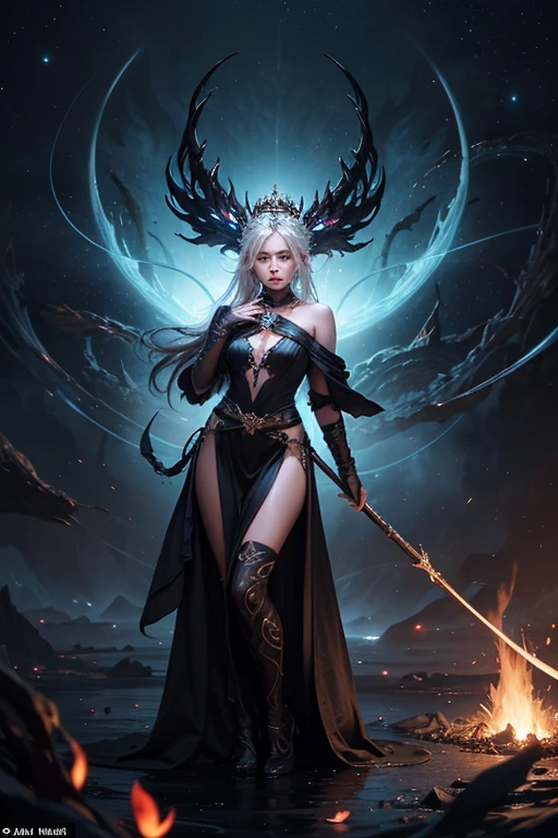 official art, unity 8k wallpaper, ultra detailed, beautiful and aesthetic, beautiful, masterpiece, best quality, Dark, atmospheric, mystery, romanticism, macabre, literature, art, fashion, Victorian, ornamental, intricate, ironwork, lace, brooding, emotional depth, supernatural, (ultra Detailed scene) , (masterpiece) , pretty girl , white thin robe , thick leg , shaped body , shaped face , Both_of_eyes_are_same , blue eyes , full body close up , putting hand like pray while standing , dark pink lips , shaped nose and ears , black straight hair , silver crown , wind blowing through the hair, thousand pink blossom twirling her like storm , ruined pray stone with rune and symble on it , has old rune as black tattoo on her neck to arm , mist under her feet , 100 mini light balls around her , (high detailed face), (ultra pretty face) , black eyebrow , long white robe , dark scene , dark fantasy art style , magic , purple glowing butterfly