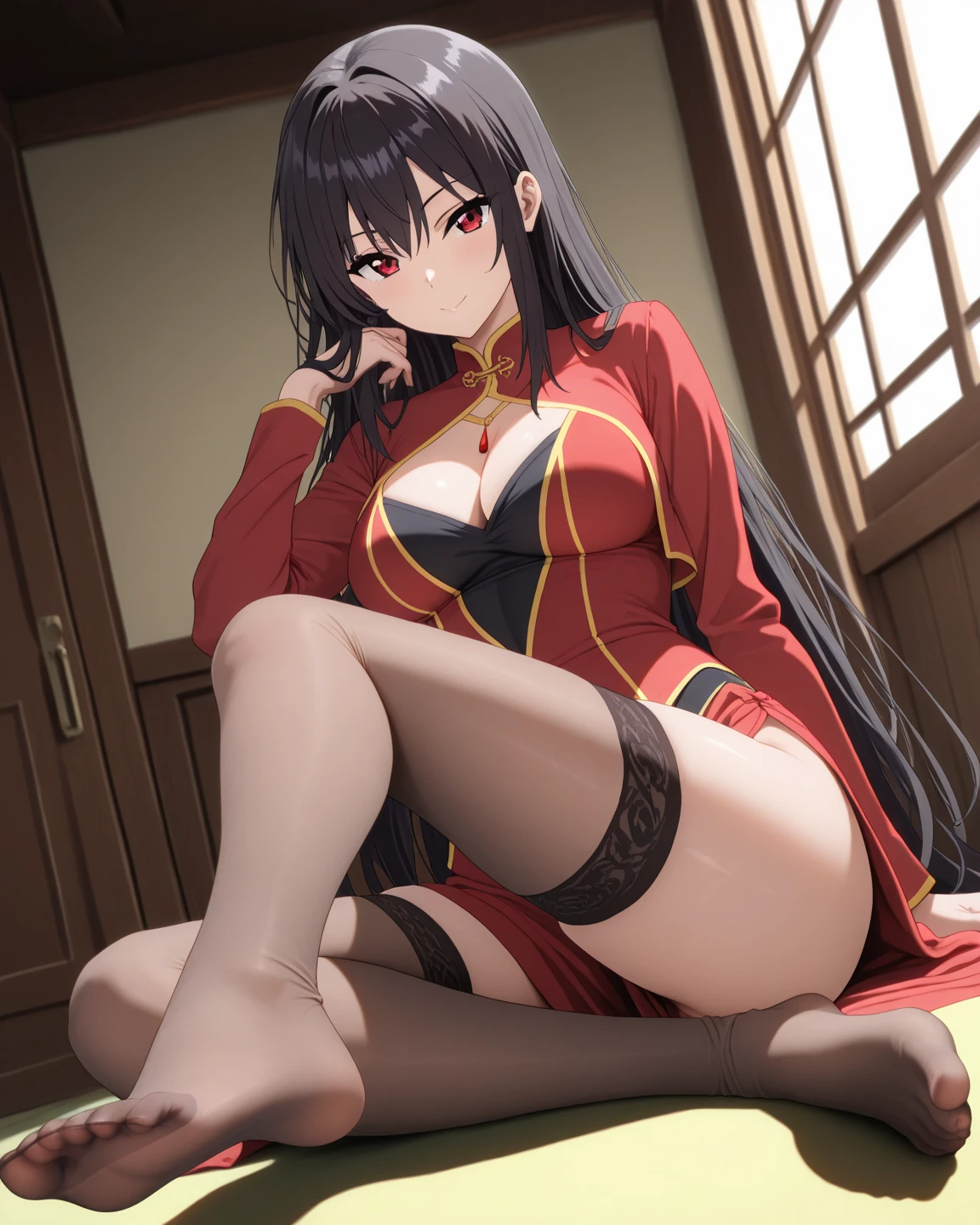 Throne of Power, Leg spread, (masterpiece), highest quality, Tohsaka Rin:1.5, Fearless smile, 1girl, uhd, retina, masterpiece, ccurate, anatomically correct, textured skin, super detail, high details, high quality, best quality, highres, 4K