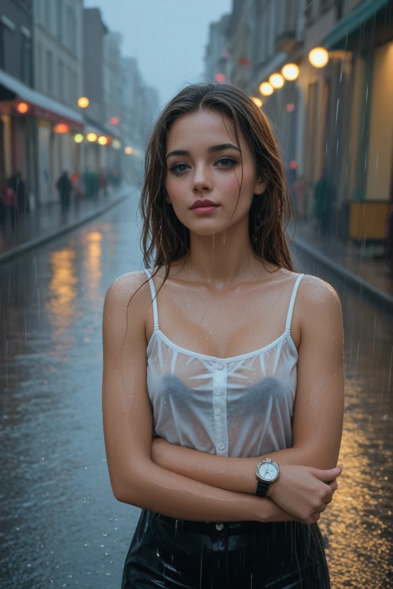top-quality, masterpiece, 超A high resolution, Photorealsitic, Raw foto, ((one beautiful women)), 22year old, Detailed face, beautidful eyes, depth of fields, the city street, Wet in the rain, White T-shirt with V-neck, Wet and see-through t-shirt, small tits, Faint lips, wetting hair, a wet body, water drop on the skin, (See the viewer's eyes)