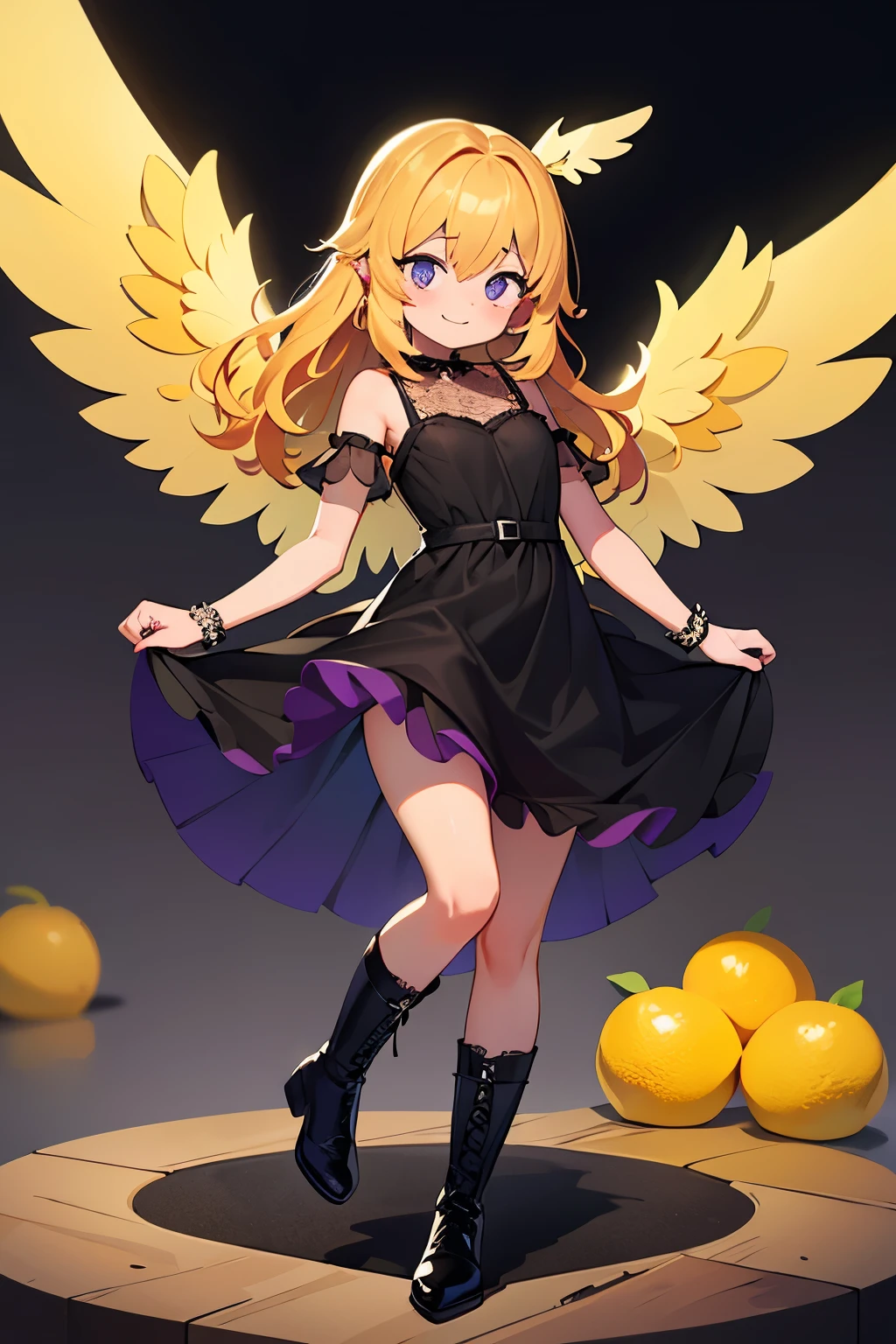 fullbody, fullbody, (main part, best quality: 1.2), sparkling eye highlights, curious expression, one girl, yellow hair color. Angel ring. Sparkling eyes. Purple eyes, lemon, lemons, dancing, fun, black angel wings, fallen angel, fallen angel, black dress with delicate lace, pitch black dress, long black boots. Inappropriate smile, blush on cheeks.