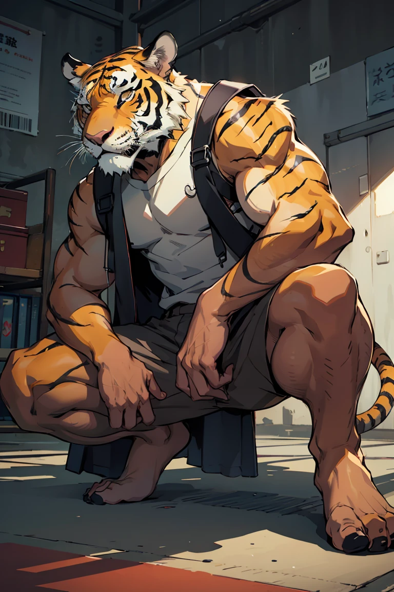 Tiger,Young Adults,strong,身材strong,Wrestler,alone,Bare legs,Topless,Large penis,Barefoot,There was no one else around,black sport underwear,Handcuffs,Fetters,Hands are hoisted,Riding on a torture device that looks like a wooden horse.