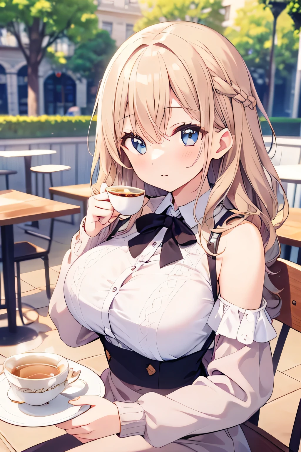 最high quality、Best image quality、masterpiece、With a girl((18-year-old、Waitress clothes with open chest、Best Bust、Bust 85、Blonde、Long Hair、blue eyes、Open your chest wide、valley、happiness、Black wristband on wrist、Slender、耳Nipple Ring、The wind is blowing,Surprised face、Close to the audience、looked back))high quality、Visual Arts、background((Coffee shop at night、Counter seats、coffee maker))、table(menu、Coffee cup Coffee cup、Sugar Bottle、milk),Table Top、