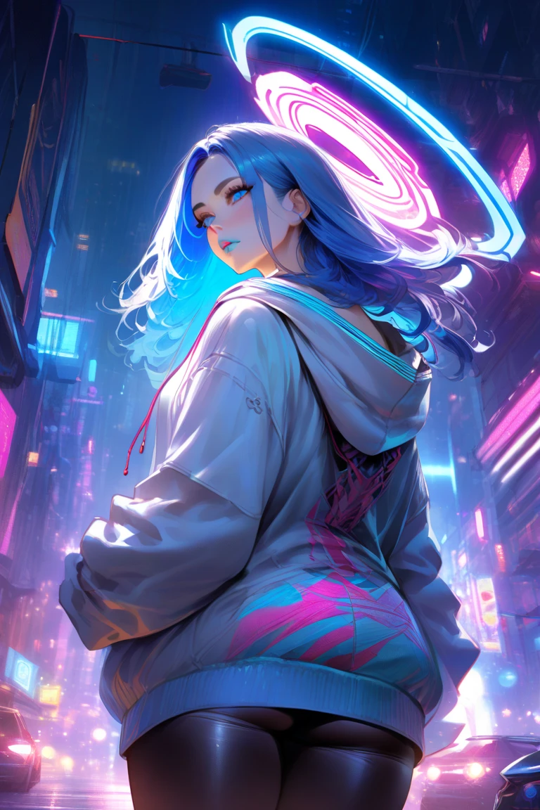 (masterpiece), best quality, ultra high res,little girl, cyberpunk 1girl flying above stunning cityscape ,hoodie,blue hair, neon color shooting stars, very long hair, off shoulder, feather hair ornament, neon colors, flashes, stunning night sky, cinematic lighting, photorealistic, realistic skin, HDR,fisheye