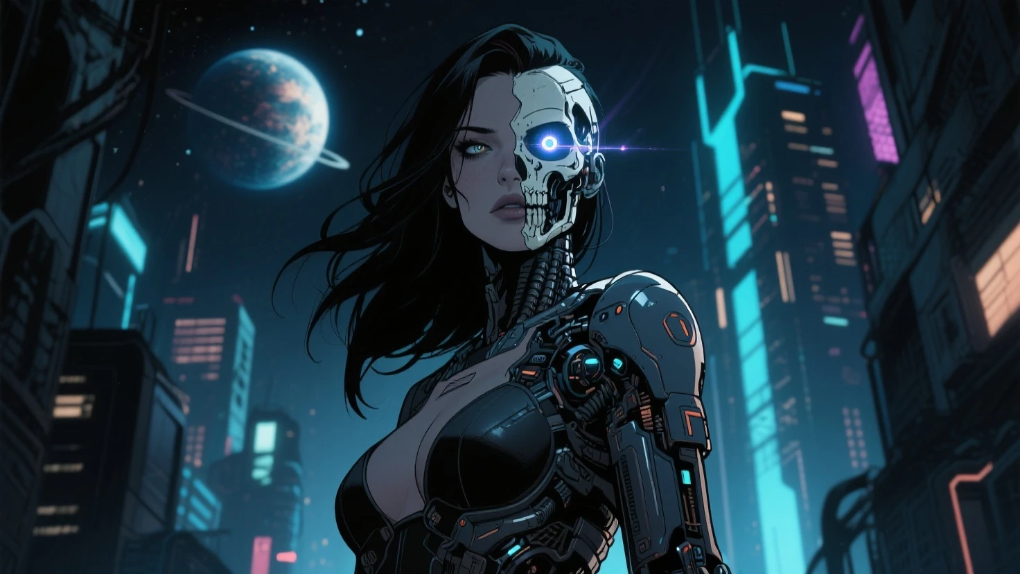 close up portrait, ((Masterpiece)), (exposed bones), terror, (terminator, doom), ((She is sexy and sensual)), ((an android)), ((a robot)), ((a machine)), A beautiful android with matte black skeleton, She is wearing matte black metal plates, (she is happy), She is in a city Cyberpunk at night, She is looking at you, in a city at night, ((art by Zdzisław Beksiński)), Masterpiece, better quality, clear focus, dynamic pose, cinematic lighting, Hyper Detailed Ultra Sharp, ((((ornate)))))), (((intricate)))), Ultra -Realistic, Dynamic, Smooth, Sharp Focus, Illustration, 8K, Cinematic Light