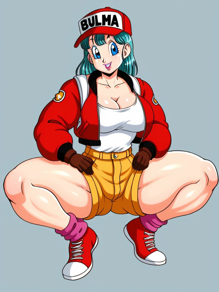 make bulma, dragon ball, blue hair, short, Large and round breasts, big ass, crouched,  uniform, red highlighted pussy, raised blouse 