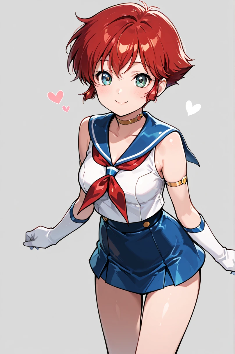 rin-catherine, 1girl, pink hair, bob cut, solo, dress, navel, dress lift, jewelry, green eyes, looking at viewer, white background, bracelet, sailor dress, simple background, smile
