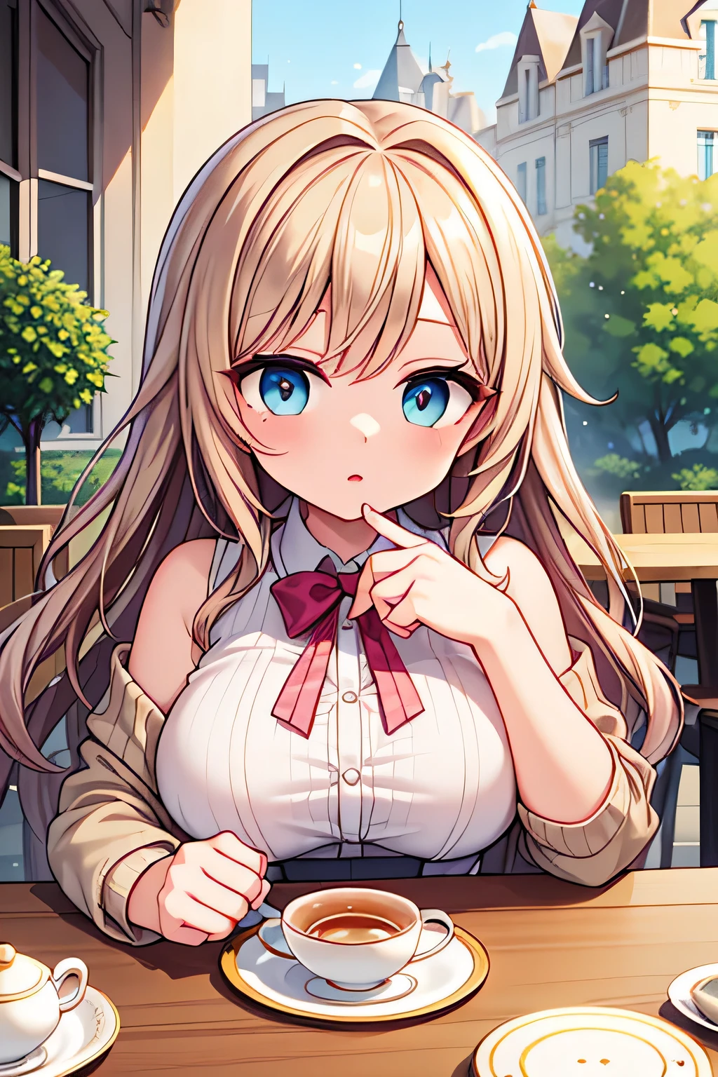 Highest Quality、high definition、(high image quality:1.3)、masterpiece、iPhone camera-style portrait photo、Soft background blur 、(Highly Detailed Faces:1.3)、(detailed eyes:1.3)、age beauty、anatomically correct、huge breasts、 Normal number of fingers 、
(Woman enjoying tea time on the terrace of a French cafe:1.5)、
white sheer blouse and pink floral midi skirt、with loose, wavy hair、wearing a light cardigan on her shoulders、Soft spring sunshine、Light Pastel Colors、romantic and gentle atmosphere、cute