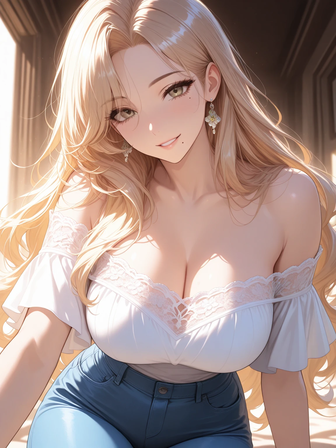 masutepiece, 1womanl, ((Solo)), of the highest quality, Hi-Res, cleavage, ((Pink Shoulder Tops)), ((Straight denim)), Large breasts, Red Eyes, a blond , lightsmile, Simple background, Hands behind your back