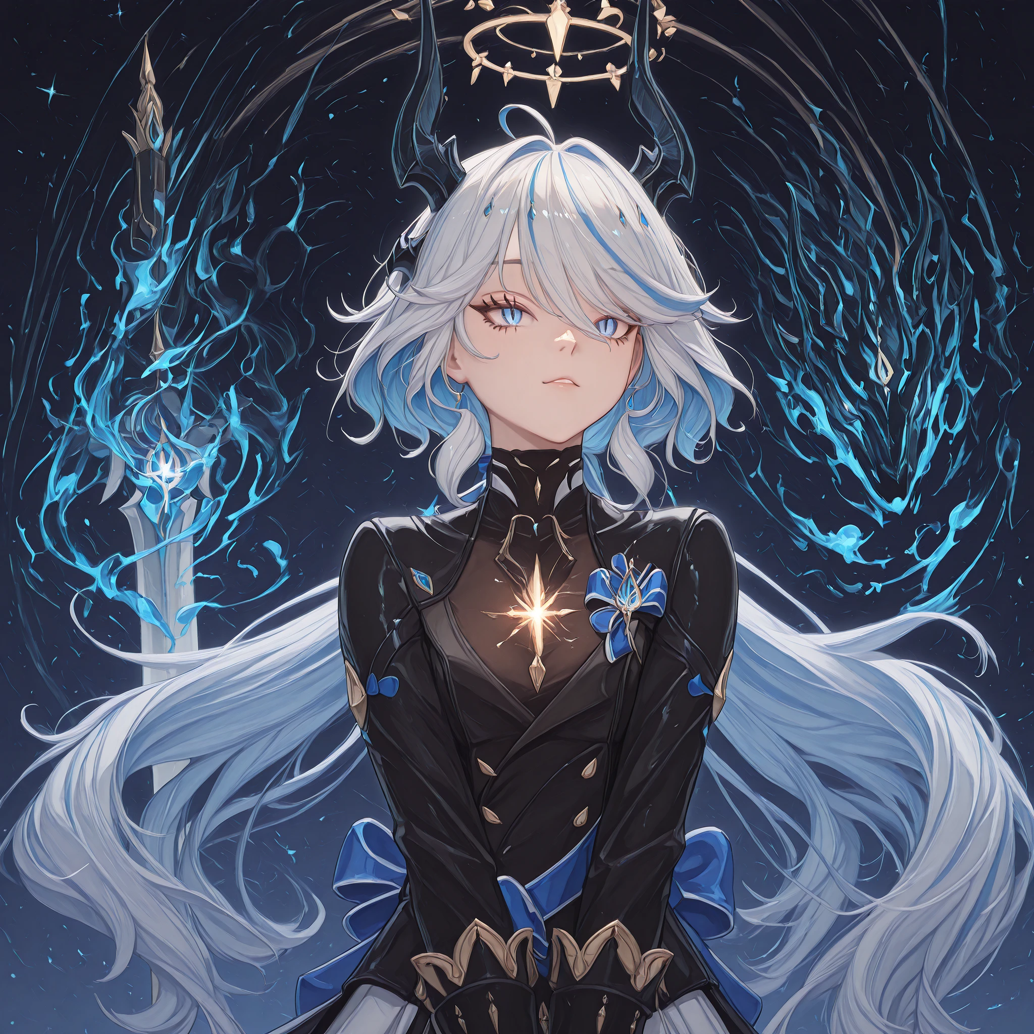 Sozinho, 1 , facing the viewer, Furina's hairstyle from "Genshin Impact", rosto de Furina de "Genshin Impact", olhos azuis, franja longa, anatomia perfeita, estudante, black horns of Reed de "arknights", Long black horns, fierce face, rosto provocante, white dragon tail, blue flame on the tip of the tail, jovem girl, corpo perfeito, jovem, sensual, perfect and beautiful face, corpo de Furina de "Genshin Impact", altura de Furina de "Genshin Impact", sem cartola,  Without hat, sorrindo, sorriso provocante, sorriso feroz;

A black coat like "Reed" de "arknights", sexy black Chinese dress, exposed arms, blue arms with black spots, hands with claws, blue hands with black spots, black horns of Reed de "arknights", sem cartola,  Without hat, rosto jovem, corpo jovem, Halo floating above the head like Asuma Toki's, black horns like Reed's with "Arknights", sorrindo, sorriso provocante;

facing the viewer, cara a cara, fundo preto, pose sensual, bunda grande, seios grandes;

Wielding a giant sword of Nian de arknights, golden details on the sword, giant sword drawing, Blue blade;

attack position, exposed shoulders and head,  perto do rosto , looking at the character, looking at the spectator, cara a cara, sorriso provocante, confiante, cute expression;

Pay attention to the necessary colors, ,  maximum resolution ;

uma imagem +18, uma imagem sexy;