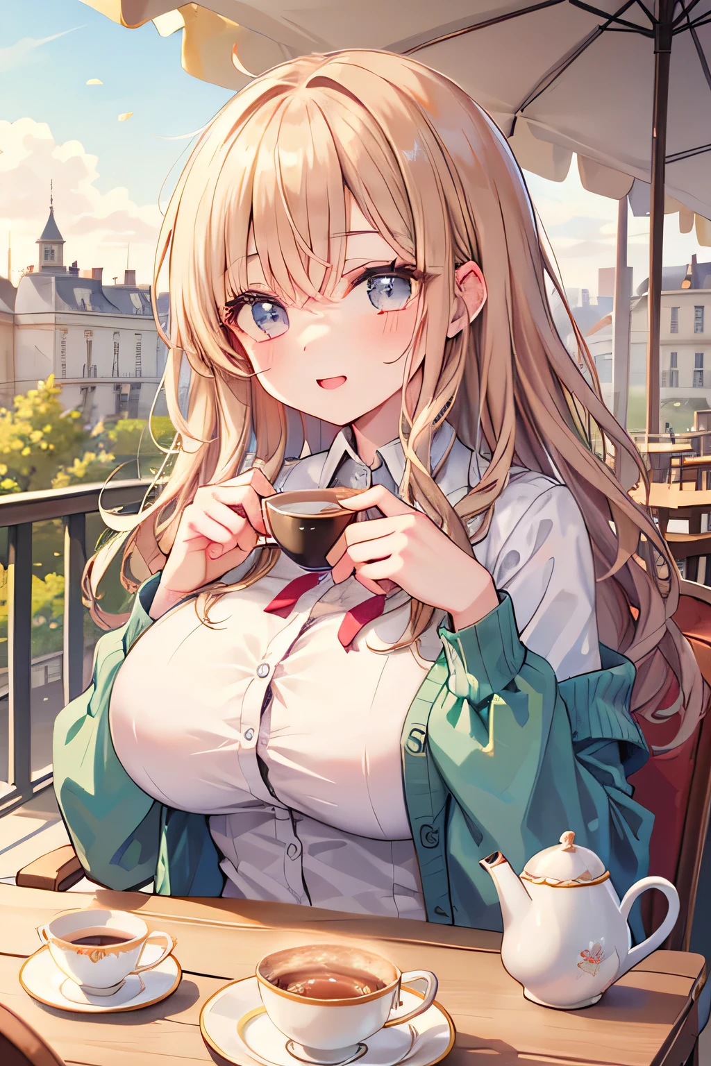 Highest Quality、high definition、(high image quality:1.3)、masterpiece、iPhone camera-style portrait photo、Soft background blur 、(Highly Detailed Faces:1.3)、(detailed eyes:1.3)、age beauty、anatomically correct、huge breasts、 Normal number of fingers 、
(Woman enjoying tea time on the terrace of a French cafe:1.5)、
white sheer blouse and pink floral midi skirt、with loose, wavy hair、wearing a light cardigan on her shoulders、Soft spring sunshine、Light Pastel Colors、romantic and gentle atmosphere、cute