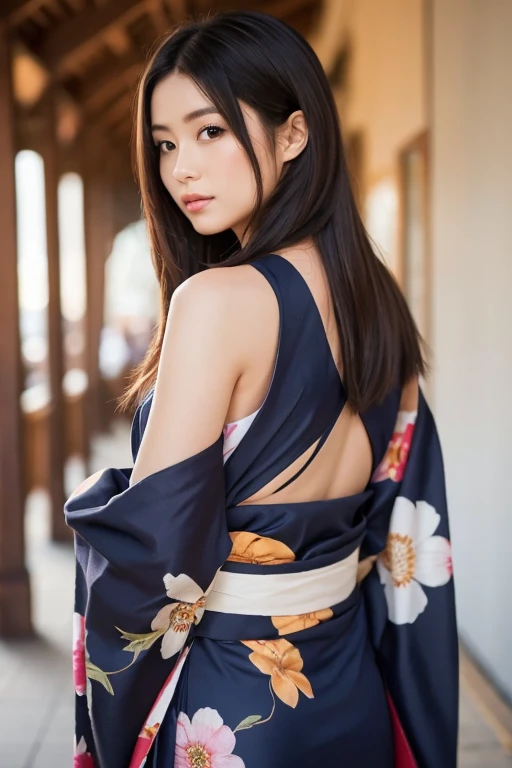 (masutepiece:1.3, Photorealsitic:1.4, 8K), top-quality, masterpiece, 超A high resolution, Professional camera work, Grow Light Effect, Realistic portrait, Cinematic Light, Highly detailed skin and facial texture:1.3, Perfect dynamic composition, The ultra-detailliert, A detailed eye, Detailed limbs, autumnal, Autumn leaves landscape in the evening:1.25, 1girl in, Cute sexy 23 year old slim woman, Fair skin, Autumn leaves are dancing:1.25, (Enraptured look:0.9, Totally captivates you:1.0), (Black kimono:1.31 Only shoulders and scapula exposed), (Backshots, Calm pose), (voluptuous breasts:0.9), (Beautiful blue eyes, Eyes that feel beautiful eros:0.85), Sexy face:0.4, (A mouthfeel that feels beautiful eros:0.85), ((Too cute beauty:0.9)), back sharp focus