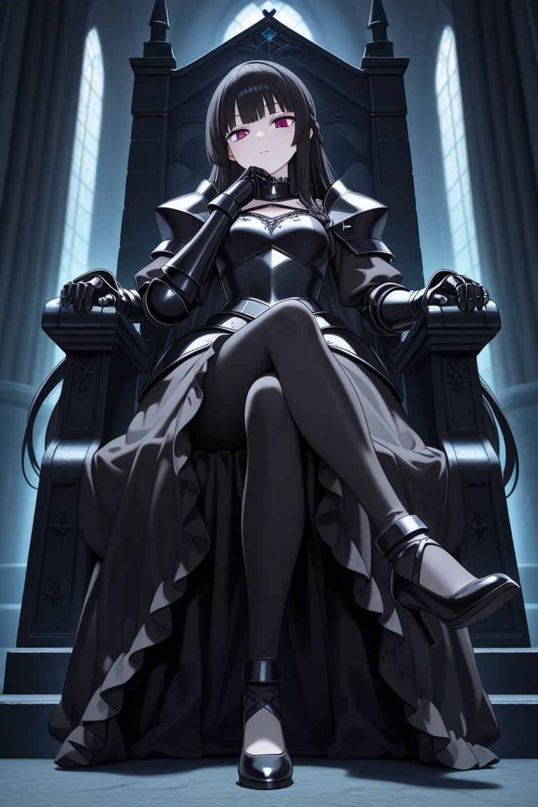 yukina, 1girl, solo, long_hair, looking_at_viewer, short_hair, bangs, black_hair, ribbon, hair_between_eyes, brown_eyes, black_dress, latex, sitting, throne, crossed_legs, smirk, from_below, black_legwear, indoor, stone_wall