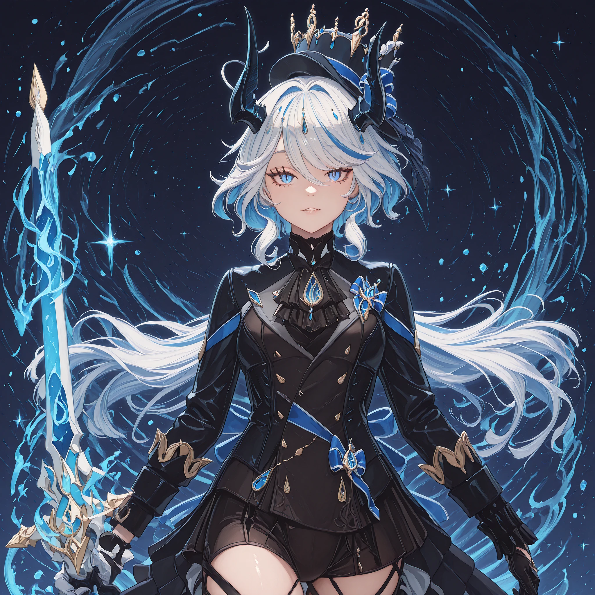 Sozinho, 1 , facing the viewer, Furina's hairstyle from "Genshin Impact", rosto de Furina de "Genshin Impact", olhos azuis, franja longa, anatomia perfeita, estudante, black horns of Reed de "arknights", Long black horns, fierce face, rosto provocante, white dragon tail, blue flame on the tip of the tail, jovem girl, corpo perfeito, jovem, sensual, perfect and beautiful face, corpo de Furina de "Genshin Impact", altura de Furina de "Genshin Impact", sem cartola, Without hat, sorrindo, sorriso provocante, sorriso feroz;
A black coat like "Reed" de "arknights", sexy black Chinese dress, exposed arms, blue arms with black spots, hands with claws, blue hands with black spots, black horns of Reed de "arknights", sem cartola, Without hat, rosto jovem, corpo jovem, Halo floating above the head like Asuma Toki's, black horns like Reed's with "Arknights", sorrindo, sorriso provocante;
facing the viewer, cara a cara, fundo preto, pose sensual, bunda grande, seios grandes;
Wielding a giant sword of Nian de arknights, golden details on the sword, giant sword drawing, Blue blade;
attack position, exposed shoulders and head, perto do rosto , looking at the character, looking at the spectator, cara a cara, sorriso provocante, confiante, cute expression;
Pay attention to the necessary colors, , maximum resolution ;
uma imagem +18, uma imagem sexy;