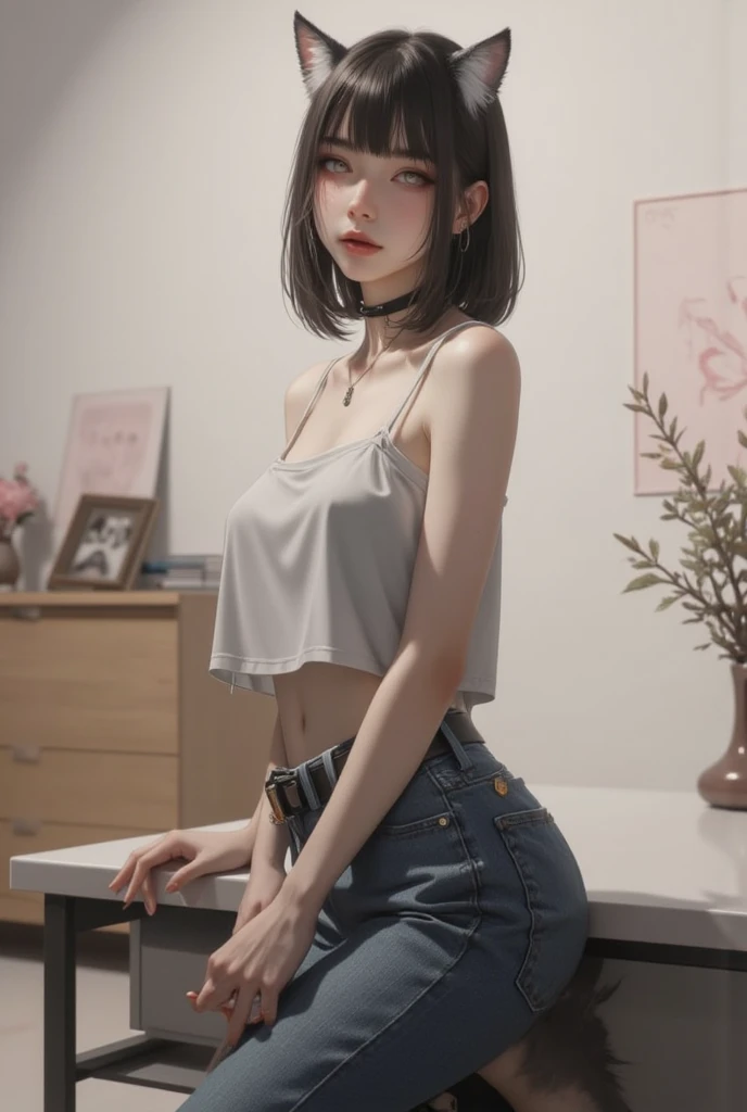 ((Best quality, 8k, Masterpiece :1.3)), Full body, Sharp focus :1.2, Beautiful woman with perfect figure :1.4, Slim stomach :1.2, ((cyan hair, Big breasts :1.2)), body dress : 1.1 , (Night city view, Bedroom :1.1), Highly detailed facial and skin textures, Detailed eyes, Double eyelids, big breasts, White t-shirt with cynix logo, Clean clothes, white t-shirt, exposed cleavage, (Black Pantyhose short), Interior Scene, Office, oppai, sweet smile, t-shirt, pretty pose, pose mengikat rambut, berpakaian sopan