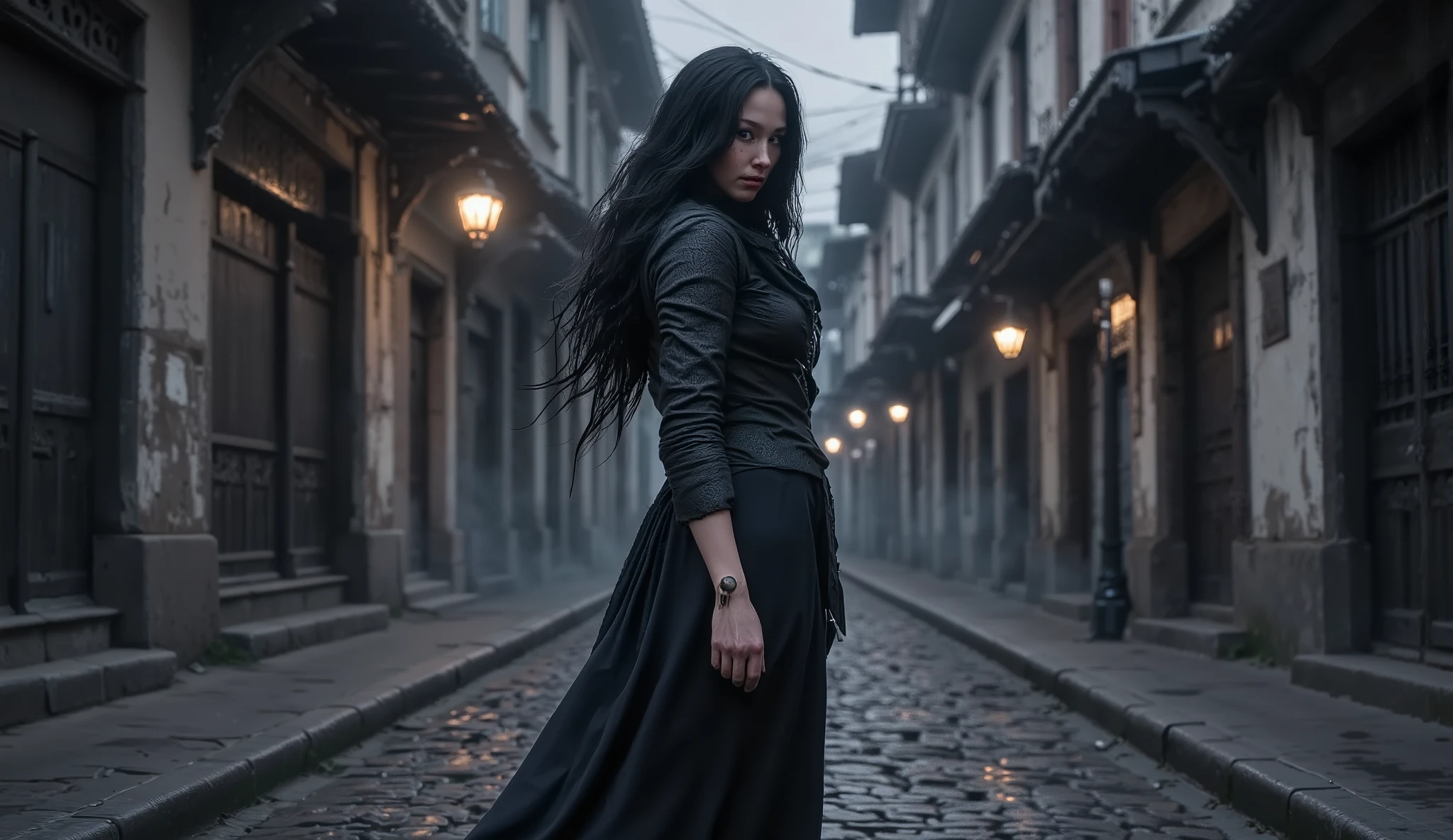 A hyperrealistic, cinematic low-angle shot of a dark-haired woman standing in the shadows of the City of the Dead. Her face is partially obscured by the hood of her tattered cloak, but her piercing eyes glint with a mysterious light as she watches Jack Crowley pass by. Her lips are slightly parted, caught mid-whisper, as if uttering a secret only the dead could hear. The fog-laden streets around her are silent, with the decaying remnants of buildings and twisted iron gates looming in the background.
The atmosphere is heavy and oppressive, with thick mist swirling around her feet and the faint glow of distant lanterns casting long, eerie shadows. The cracked cobblestones beneath her are slick with moisture, reflecting the dim light and adding to the haunting ambiance.
The scene is captured with a Canon EOS 5D Mark IV using an 85mm f/1.2 lens — ISO 100, shutter speed 1/1000, aperture f/1.2. The low-angle perspective emphasizes the woman's enigmatic presence, capturing the subtle details of her expression and the texture of her cloak, while the background dissolves into a cinematic blur.
Style: Hyperrealistic cinematic photography, dark Western atmosphere, dramatic low-angle shot, shallow depth of field
Keywords: dark woman, whispering, piercing eyes, City of the Dead, low-angle shot, cinematic lighting, shallow depth of field, Canon EOS 5D Mark IV, 85mm f/1.2 lens, fog, shadows