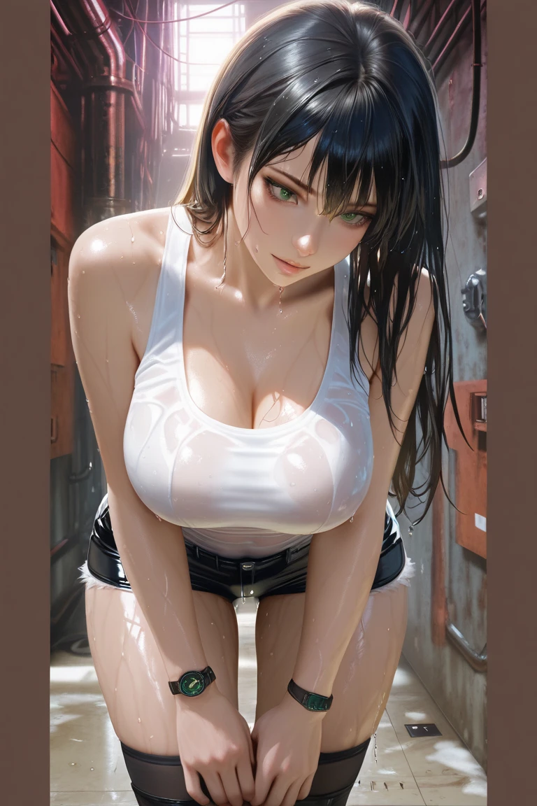 (Photorealistic: 1.4), woman with open mouth, (big mouth emphasis: 1.2), highest quality, very delicate and beautiful, high resolution, beautiful lighting, (Nothing on Dark Background)))), 1girl, tifa_lockhart, Upper Body, Black T-Bag, Lower breasts, Shoulders, Navel, (Torn White Shirt: 1.5), Black Hair, Long Hair, Elbow Gloves, Beautiful Detailed Red Eyes, Face Light, From the front, (from the front, close-up: 1.5), , (anime-like realistic mature woman, lying in the dark and), Japan bondage, bondage, rope, knees bent and legs wide open, face lighting, (upper body), face contorted in pain, (severe pain, screaming: 1.4), (heavy tears), (looking up), (staring overhead), wet eye makeup, perfect face, (ultra-detailed eyes, nose mouth tongue), (begging forgiveness), (((a large amount of white translucent sticky liquid is splashed, the skin is wet)), copious tears, copious drool, nose hook