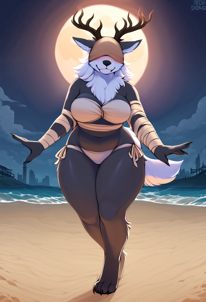 SWF, 8K, ((masterpiece)), ((stunning artwork)), (carefully drawn), (highly detailed), solo, alone, solo, by sligarthetiger, Toriel, eyebrow piercing, female, detailed eyes, perfect eyes, (huge breasts:1.2), nipple outline, (sling bikini:1.5), standing upright, older woman, milf, short, curvy, thick, bare midriff, bare feet, standing on sand, walking toward viewer, smiling, tail, beachside, venice beach, los angeles, sunny day, brightly lit, standing upright, casual posture, crowded, figures in background, 