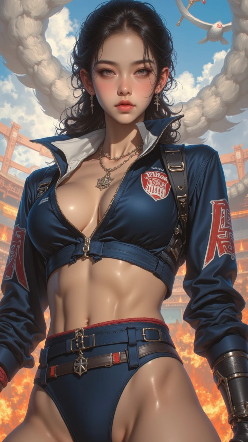 (best quality:1.5, highres, UHD, 4K, detailed lighting, shaders),best quality eyes, perfect hands, perfect finger, black curly haired, gradient hair, big breasts, red bra, big thighs, big butt, red jacket, red long pants, mature woman , (pov), black background, colorful eyeshadow, dramatic lighting, sparkling, happy expression, golden earrings, flowing hair, delicate facial features, dark skin, high cheekbones, urban setting, black background, dont look for the camera, behind the camera