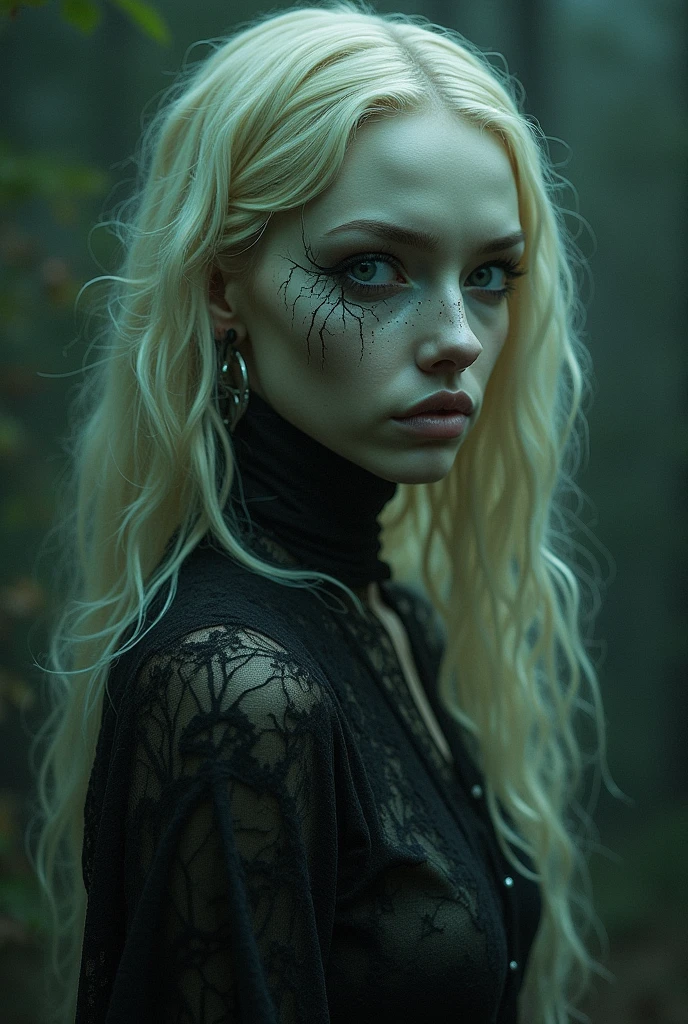 Fashionable of androgynous alien looking witch wearing veil, glowing eyes, beautiful evil slavic muscular woman, pale skin, long hair, light smile, futuristic design, minimal details, givenchy, photoreal, 200mm, hd, f/ 2.0, sitting in a gloomy spruce forest, highly detailed, surreal , drop dead, in the style of red and blue, (intricate details, hyperdetailed:1.15) (skin texture:1.2), cinematic, professional, 4k, (((dynamic model pose))), full body, mesmerizing, dynamic, dramatic, sensual, dynamic pose, highly detailed skin with hair, subcutaneous veins, light and shadow play, highly detailed,24mm photograph, film, bokeh, professional, 4k,
