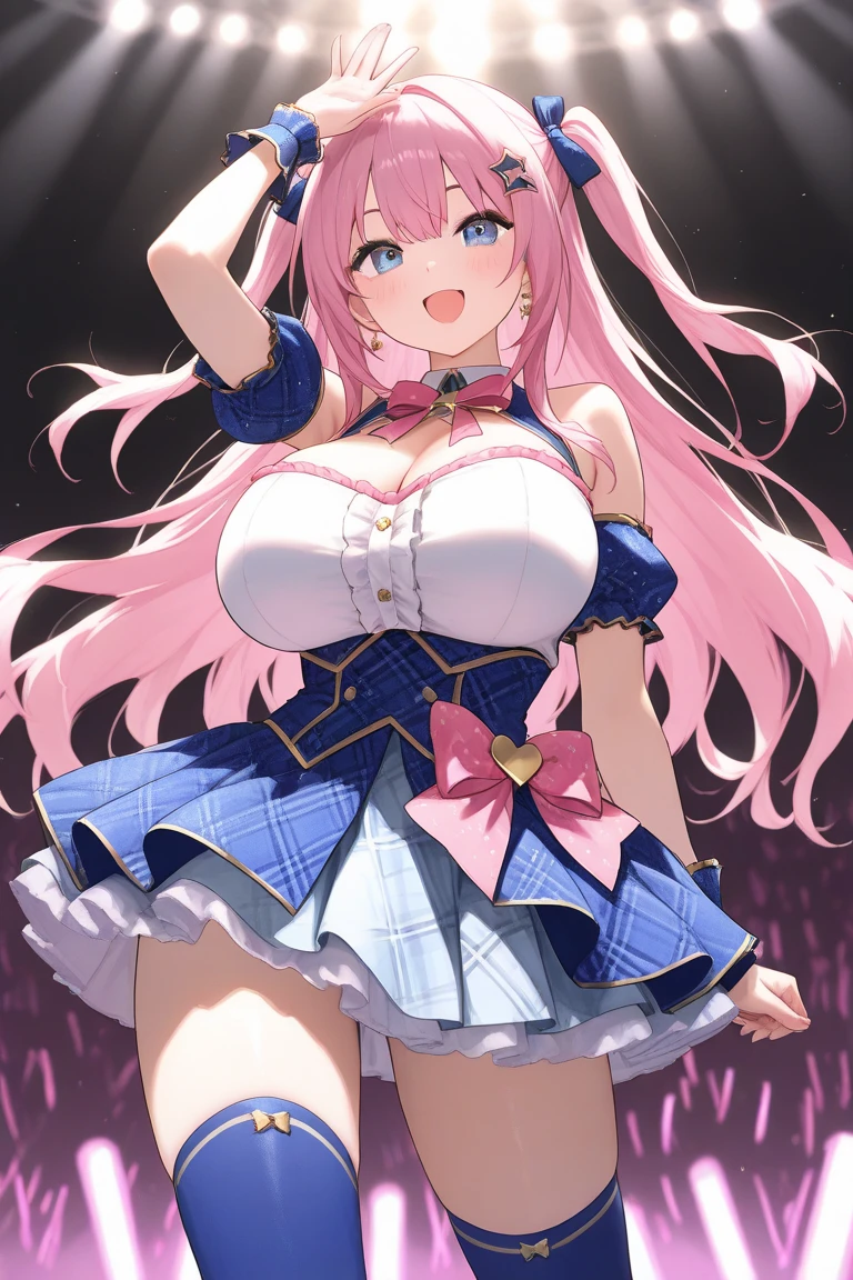 pink hair, Low twin tails, hair ribbon, hairpin, Blue eyes,, large breasts, live stage, , solo nipple
